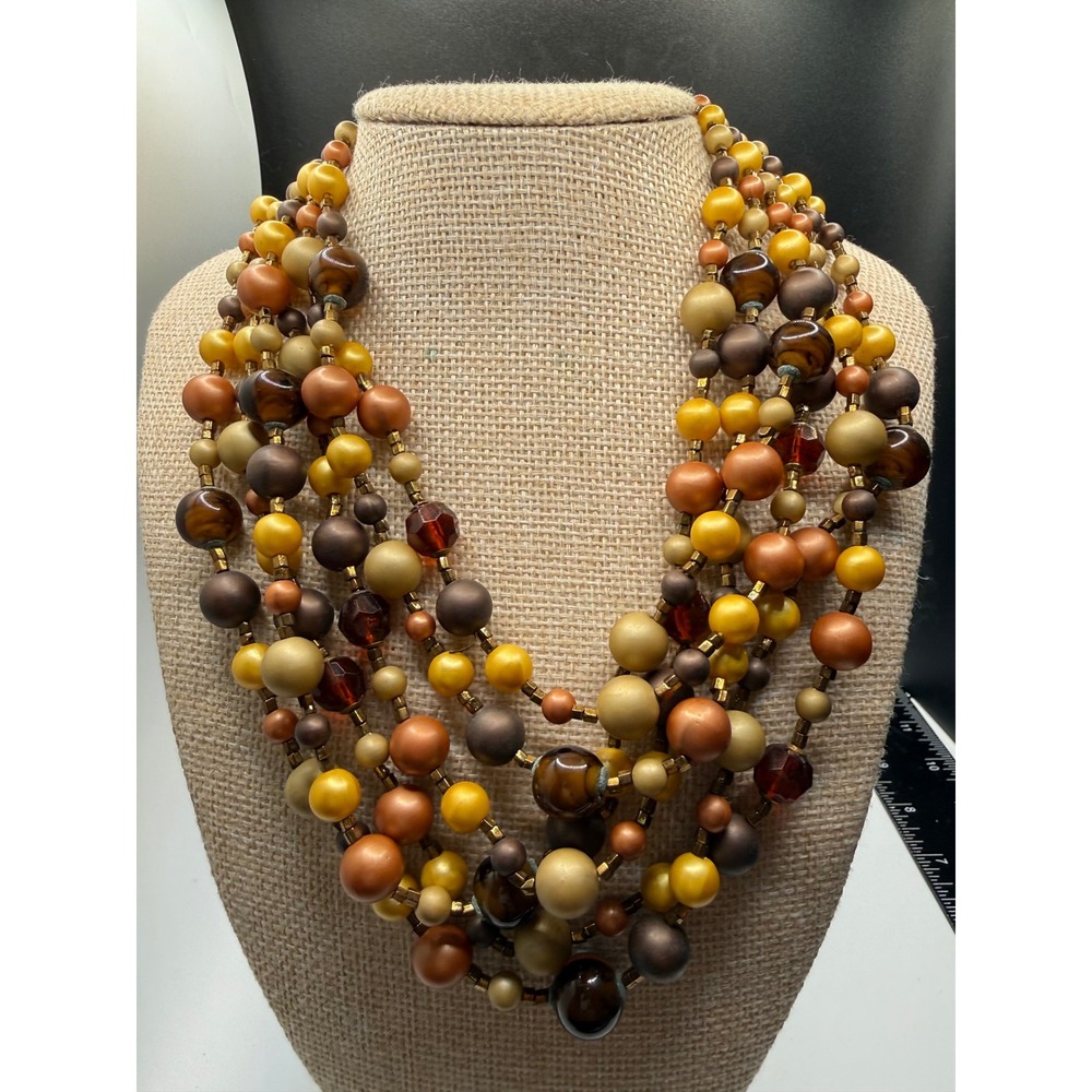 Vintage Japan Multi Strand Bead Necklace Yellow Bronze Copper Bib Statement‎ 14"